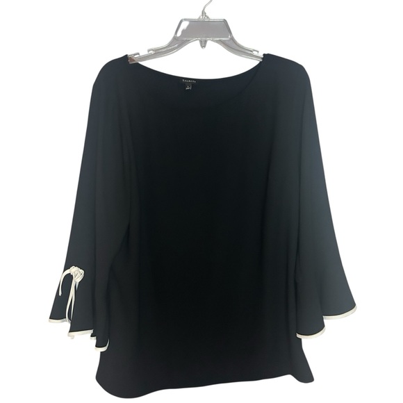Talbots Tops - Talbots black bell sleeve blouse tie cuffs trim detail size large